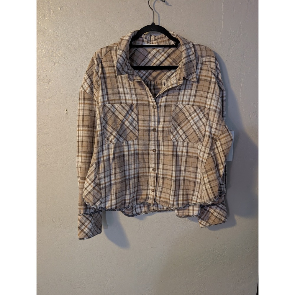 Altar'd State Plaid Flannel Shirt Women's Large Beige Brown Oversized Button Up